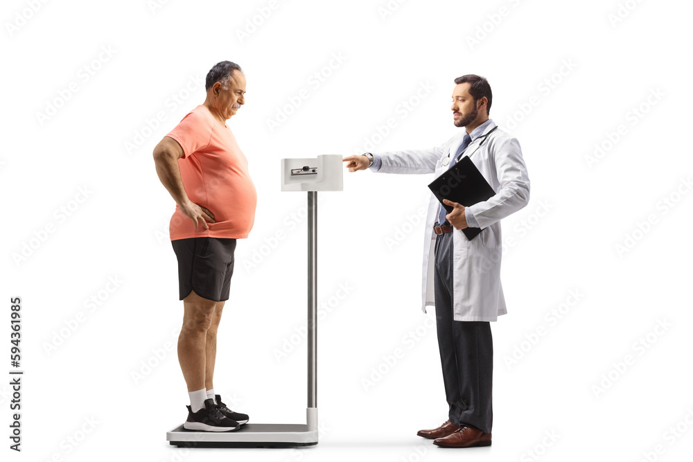 Sticker doctor measuring a mature patient in sportswear on a medical weight scale