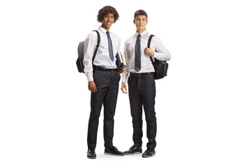 Caucasian and african american male students in college uniforms