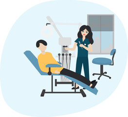 Man at the dentist's appointment in the dental office. High quality vector illustration.