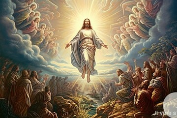An illustration of the ascension day of Jesus Christ. Biblical Series made with generative AI - obrazy, fototapety, plakaty