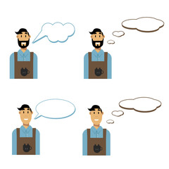 Set of men with speech bubbles. Vector illustration in flat style. Barista with beard. Apron with cup of coffee.   