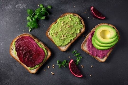 Top view healthy avocado toasts with beetroot spread breakfast lunch on isolated png background. Generative AI