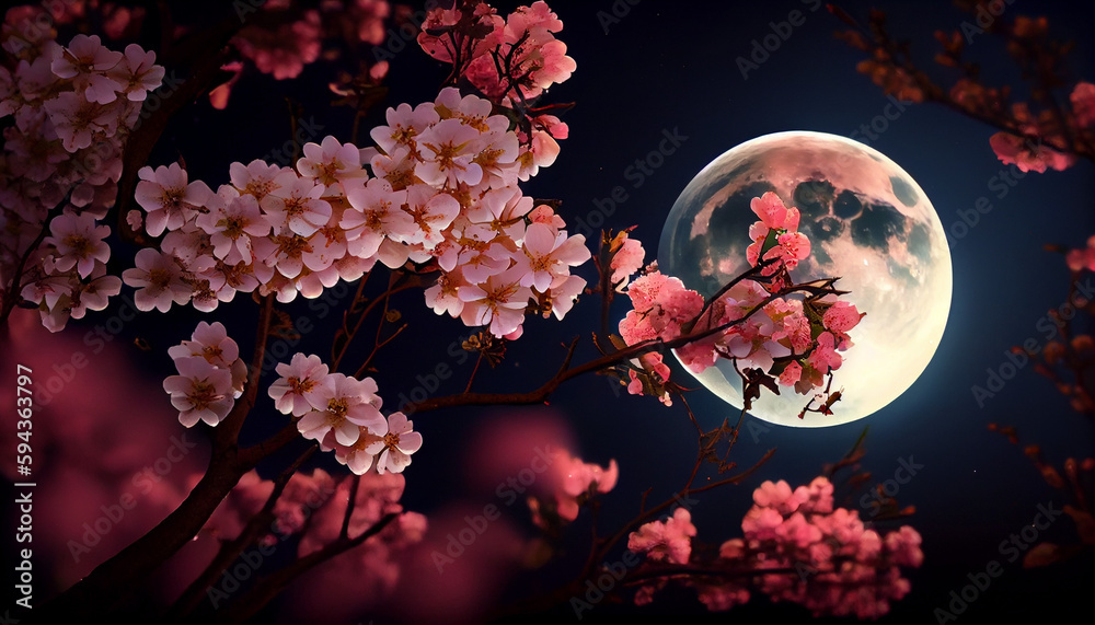 Wall mural beautiful pink flower blossom in night skies with beautiful moon ai generated image