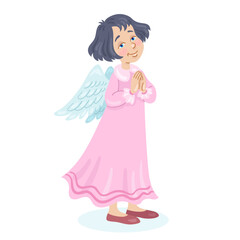 Cute angel girl in a pink dress with blue wings stands with her hands folded in prayer. In cartoon style. Isolated on white background. Vector flat illustration
