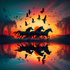 Horses running on water