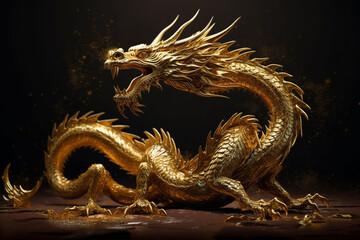Fototapeta premium Fantastic dragon jewelry or statue in gold golden metal. Mythology fantasy or fairytale reptile monster macro close up. Ai generated
