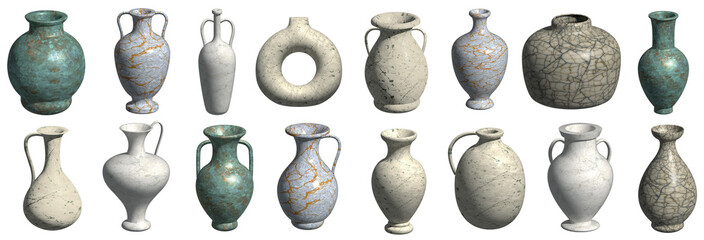 Set of vessels, pitchers, amphoras, pots and vases and ceramics of different colors, shapes and many textures. pottery set. 3d illustration.
Modern ceramic