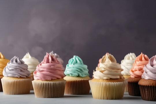 Lots of Delicious cupcakes with colorful cream swirl on a flat background with copy space. Pastel colors wallpaper. Generative ai professional photo shot imitation. 