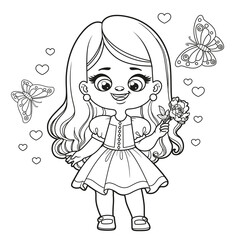 Cute cartoon girl in lush dress with a peony in hand outlined for coloring page on white background