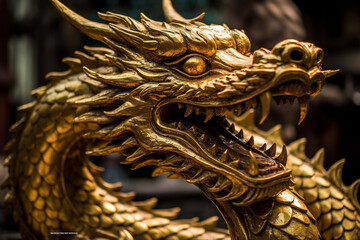 Fototapeta premium Fantastic dragon jewelry or statue in gold golden metal. Mythology fantasy or fairytale reptile monster macro close up. Ai generated