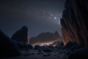 Starry Night Sky, Epic Landscape with Mountains. Deserted, Lonely or Abandoned Place. Generative AI