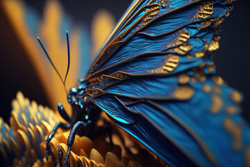 Fototapeta na wymiar Blue and Yellow Macro Detailed Feathers on the Wing of Peacock. Soft Focus Detailed Macro Close Up Background. Generative AI