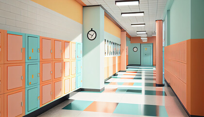 Orange lockers cabinets furniture in a locker room at school or university for student.