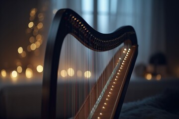 Instrument harp illustration, music concept, bokeh background. Generative AI