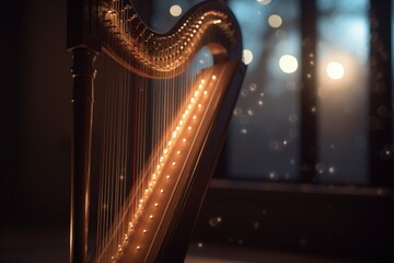 Instrument harp illustration, music concept, bokeh background. Generative AI