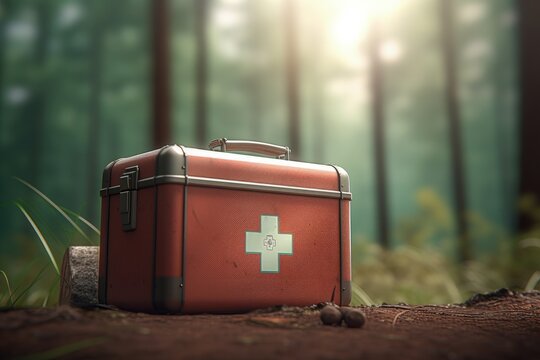 First aid kit illustration, health care concept, bokeh background. Generative AI