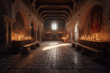 Obraz premium Illustration of the interior of a medieval castle, concept of history and fantasy. Generative AI