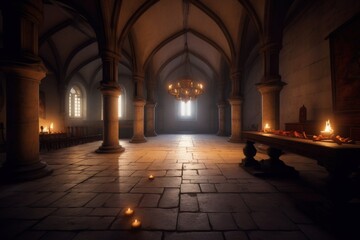 Fototapeta premium Illustration of the interior of a medieval castle, concept of history and fantasy. Generative AI