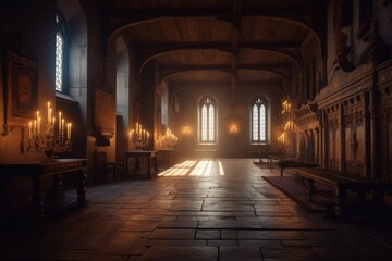 Fototapeta premium Illustration of the interior of a medieval castle, concept of history and fantasy. Generative AI
