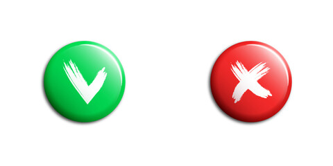 Checkmark and cross red and green buttons with shadows. Vector illustration.