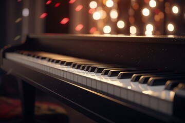 Grand piano illustration, music concept, bokeh background. Generative AI