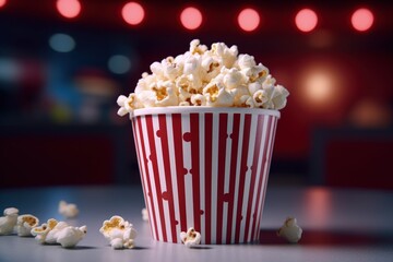 Illustration of bucket full of popcorn, cinema and entertainment concept, bokeh background. Generative AI