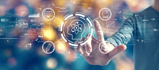 Online education concept with man on blurred blue city light background