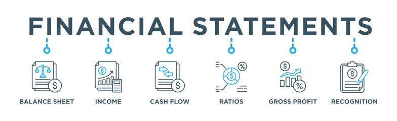 Financial statements banner web icon vector illustration concept with icon of graph, Income Statement, balance sheet, cash flow statement, financial ratios, gross profit, revenue recognition