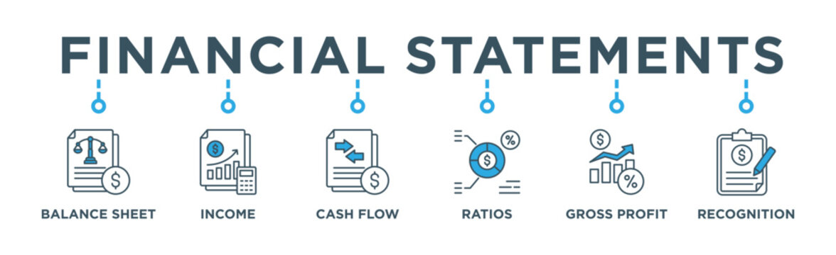 Financial statements banner web icon vector illustration concept with icon of graph, Income Statement, balance sheet, cash flow statement, financial ratios, gross profit, revenue recognition