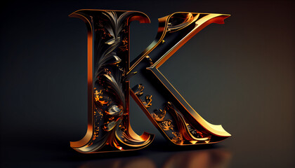 Capital letter K ateampunk alphabet in gold and black colour created with generative Ai technology