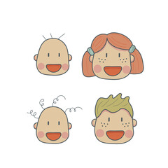 Icon set of different age groups of people from baby to elder. Smiling woman, man isolated on white background. Set of color vector illustrations.