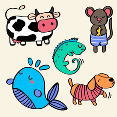 Hand drawn animal pose collection. cow, rat, chameleon, whale, dog, wildlife vector set.