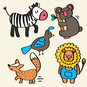 Hand drawn animal pose collection. zebra, koala, peacock, fox, lion, wildlife vector set.