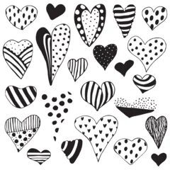 Foto auf Glas black and white hearts doodle set. Different shapes and patterns of hearts isolated on a white background. Valentine's Day. Clipart. Vector illustration © Alena