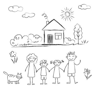 Family - little girl and boy holding hands with mother and father, cat,  House, sun, clouds, flowers, summer day. doodles are drawn by a child's hand with chalk on asphalt or on a school board.
