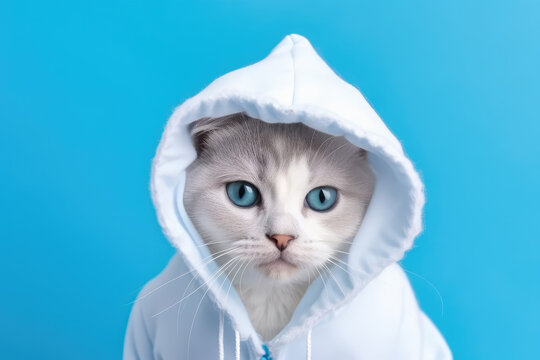 Cute fluffy little white kitten portrait. White-grey cat dressed in white bathrobe hood. Isolated on blue background with copy space. Generative ai photo imitation. 