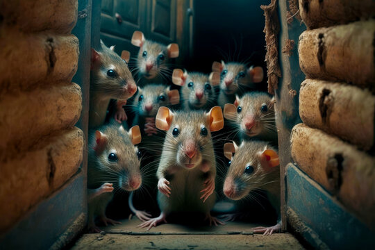 Group of mice with their heads stuck in the middle of the picture. Generative AI.