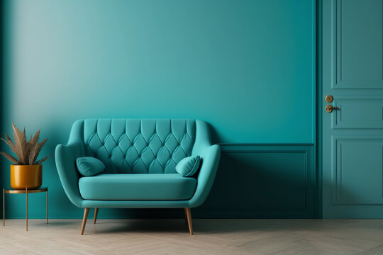 Modern living room with monochrome teal blue empty wall. Contemporary interior design with trendy wall color and chair. Generative AI.