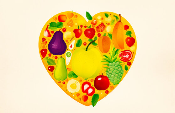 Heart shaped plate with variety of fruits and vegetables inside of it. Generative AI.