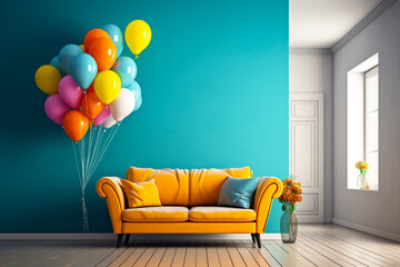 Living room with couch and bunch of balloons on the wall. Generative AI.