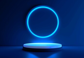 Blue realistic 3d cylinder stand podium with glowing white neon in circle shape. Abstract 3D Rendering geometric forms. Minimal scene. Stage showcase, Mockup product display.