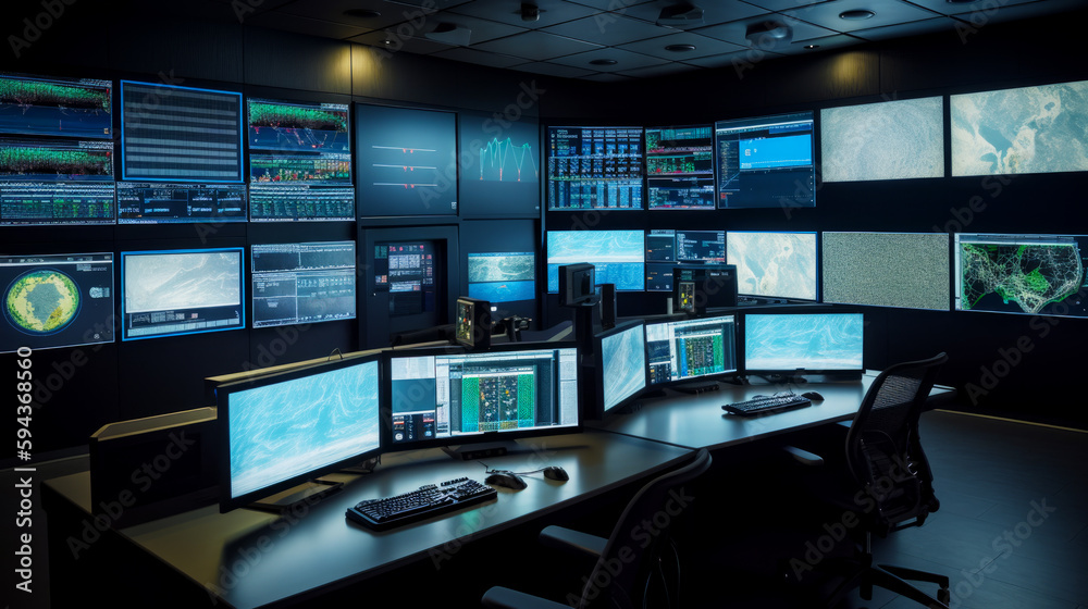 Sticker Room filled with multiple computer monitors and keyboard on desk in front of wall of monitors. Generative AI.