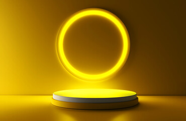 Yellow realistic 3d cylinder stand podium with glowing yellow neon in circle shape. Abstract 3D Rendering geometric forms. Minimal scene. Stage showcase, Mockup product display.