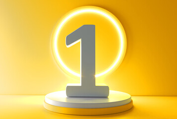 Number 1 in white on light yellow background, one number isolated 3d rendering. Number 1 on the podium.