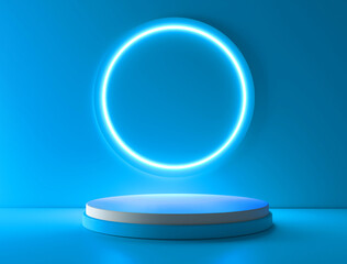 Blue realistic 3d cylinder stand podium with glowing blue neon in circle shape. Abstract 3D Rendering geometric forms. Minimal scene. Stage showcase, Mockup product display.
