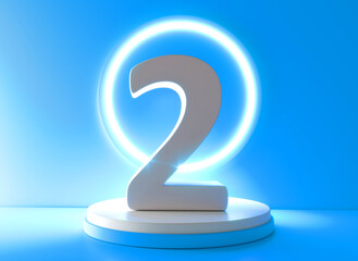 Number 2 in white on light blue background, two number isolated 3d rendering. Number 2 on the podium.