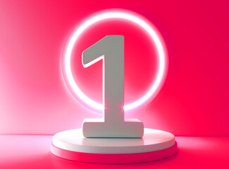 Number 1 in white on light pink background, one number isolated 3d rendering. Number 1 on the podium.