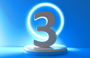 Number 3 in white on light blue background, three number isolated 3d rendering. Number 3 on the podium.