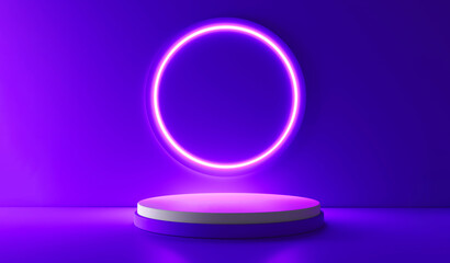 Purple realistic 3d cylinder stand podium with glowing neon in circle shape. Abstract 3D Rendering geometric forms. Minimal scene. Stage showcase, Mockup product display.