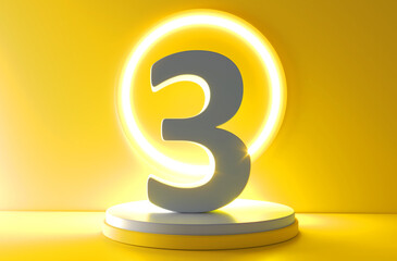 Number 3 in white on light yellow background, three number isolated 3d rendering. Number 3 on the podium.